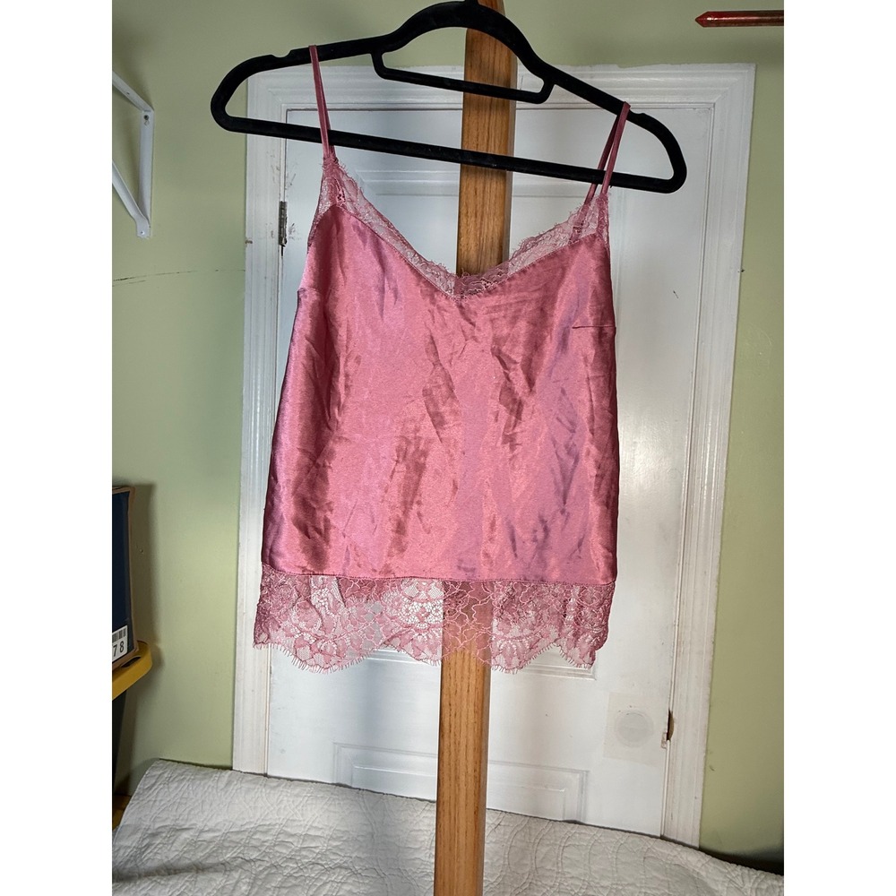 Victorias Secret Pink Satin Lace Trim Camisole Top Small Adjustable Straps